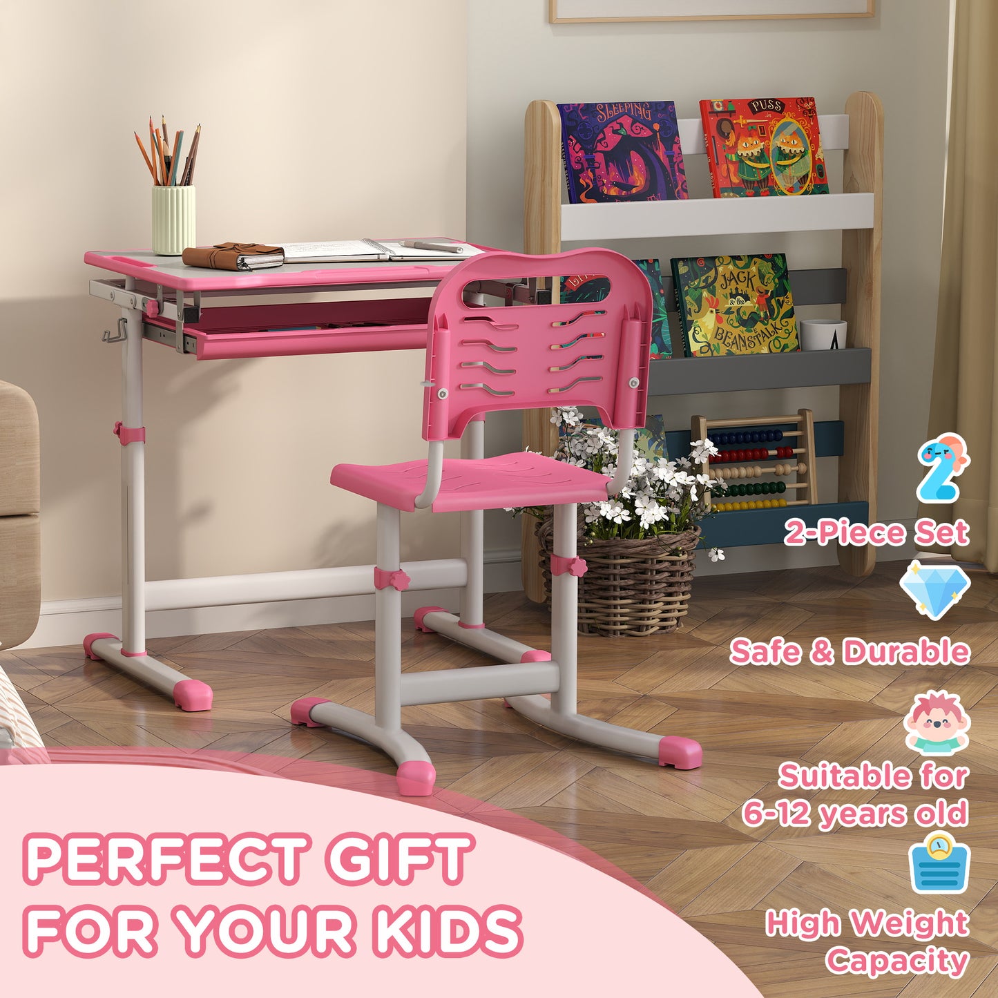 Qaba Height Adjustable Study Table and Chair Set with Drawer, Pen Slot, Tiltable Desktop, Hook, Pink