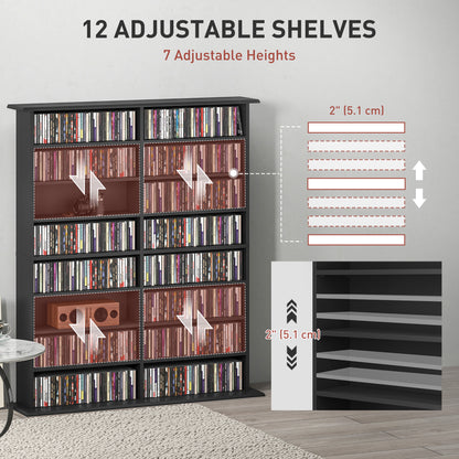 8-Tier DVD Shelf with 12 Adjustable Shelves, Double CD Shelf, Holds 720 CDs, 396 DVDs or 396 Blu-rays, Black