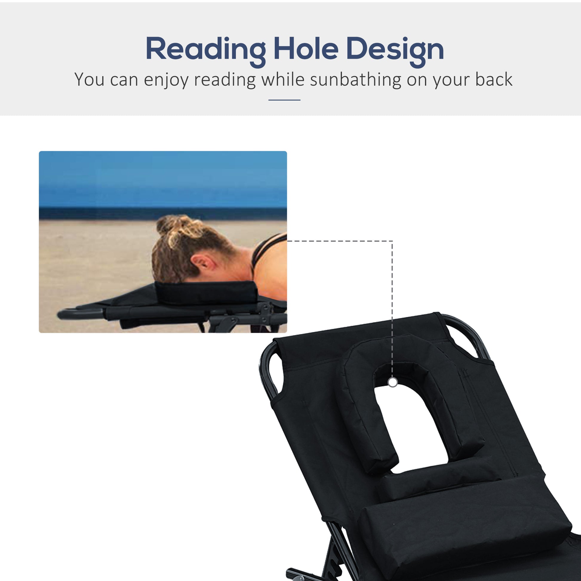 Folding Outdoor Lounge Chair, Portable Reclining Beach Lounger with Face Hole, Detachable Pillow, 4-Position Adjustable 