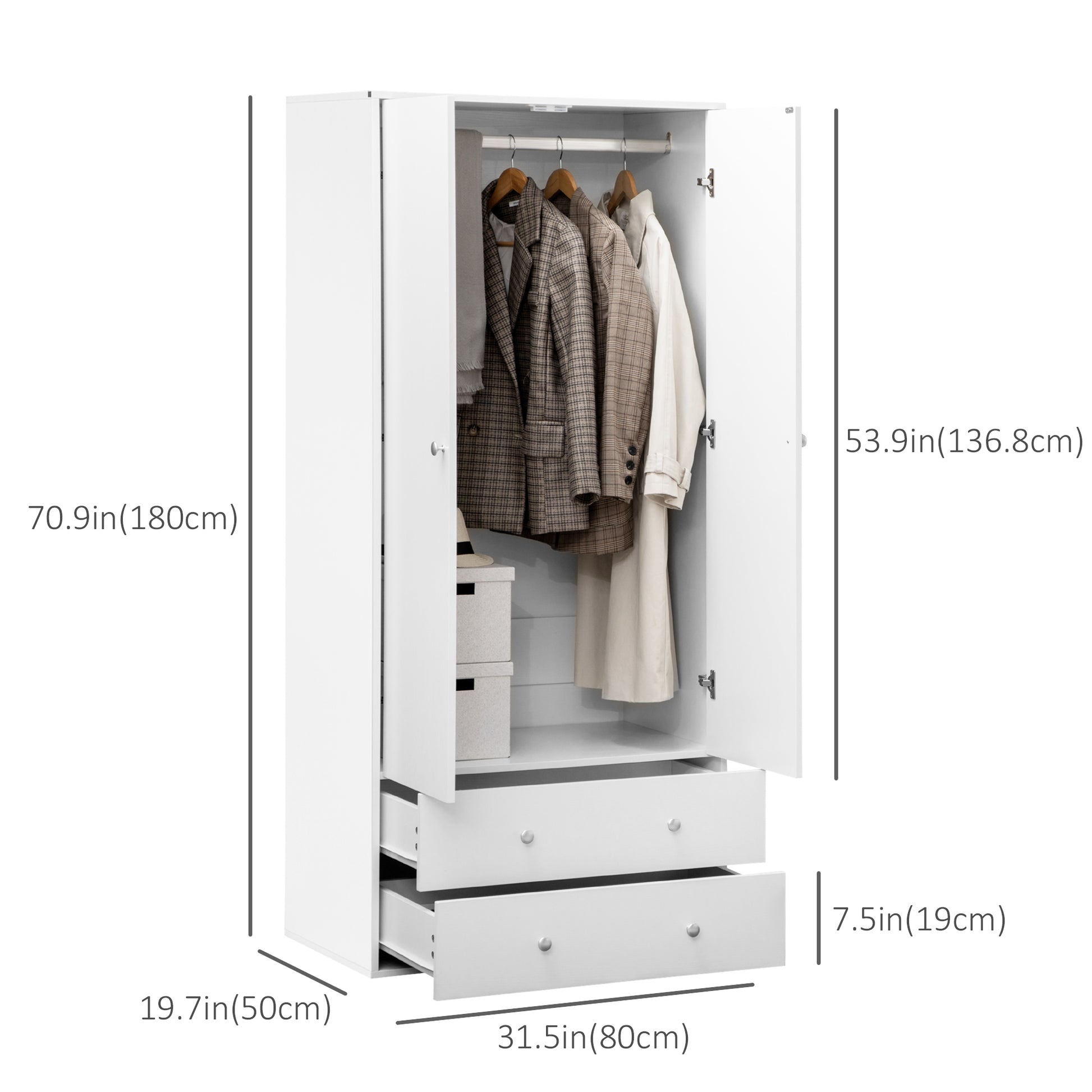 Armoire Wardrobe Closet with 2 Drawers, 71" Tall Wardrobe Cabinet with Hanging Rod, 2 Door Bedroom Armoires, Modern Clot