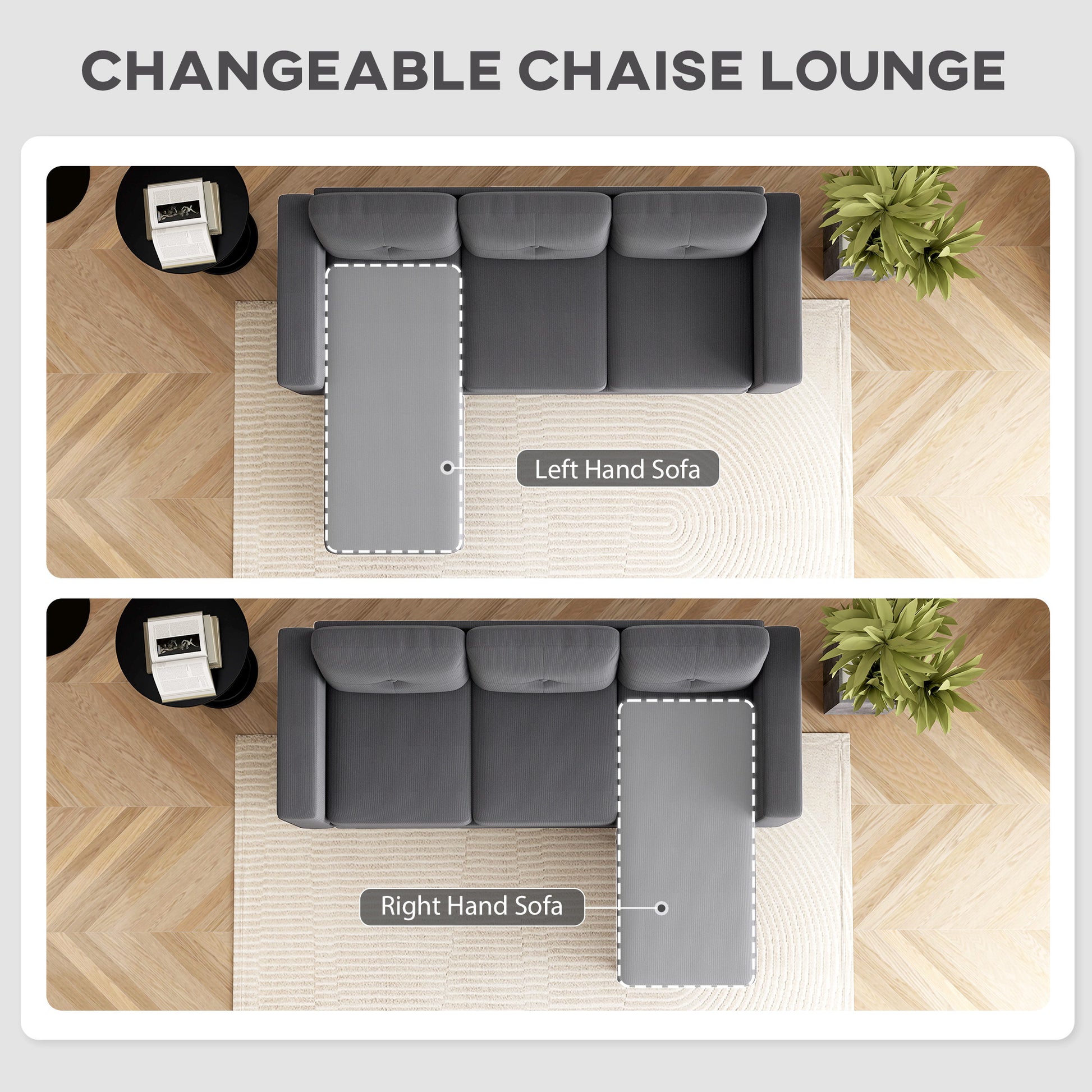 Sectional Sofa with Changeable Chaise Lounge, 3 Seat L-Shaped Small Space Sofa, Upholstered Couch for Small Space, Dark 