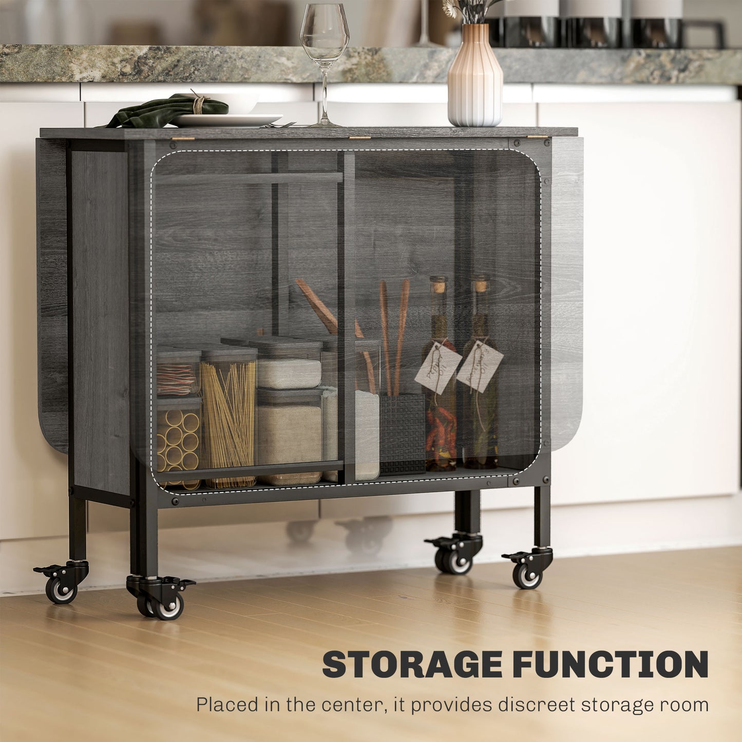 Folding Dining Table, Extendable Kitchen Table for Small Spaces with Storage Shelf and 6 Wheels, Distressed Grey