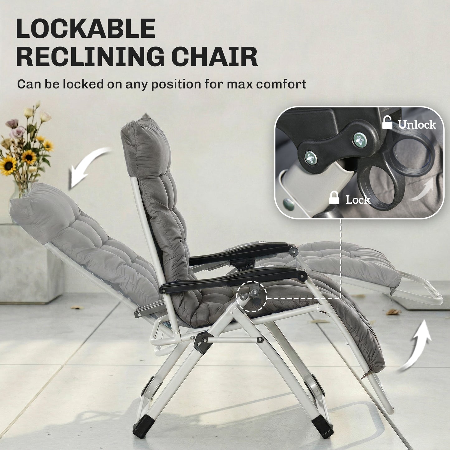 Reclining Zero Gravity Chair with Adjustable Backrest, Folding Garden Sun Lounger, Outdoor Recliner with Removable Cushi