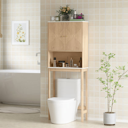 Over The Toilet Storage Cabinet with Adjustable Shelf, Open Shelf and Adjustable Bottom Bar, Oak