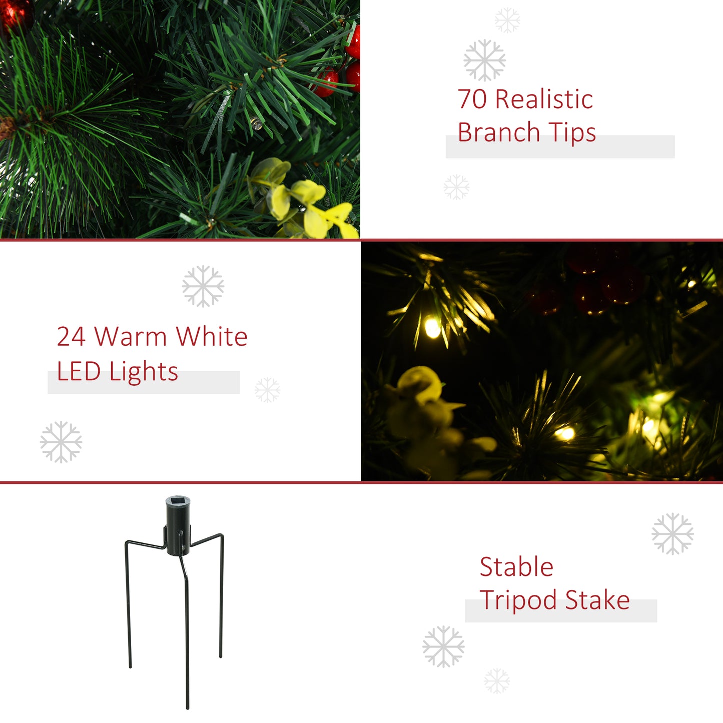 2.5ft 2 Pieces Prelit Artificial Christmas Tree with LED Light Mini Xmas Tree with Small Berry Pine Needles Pinecones De