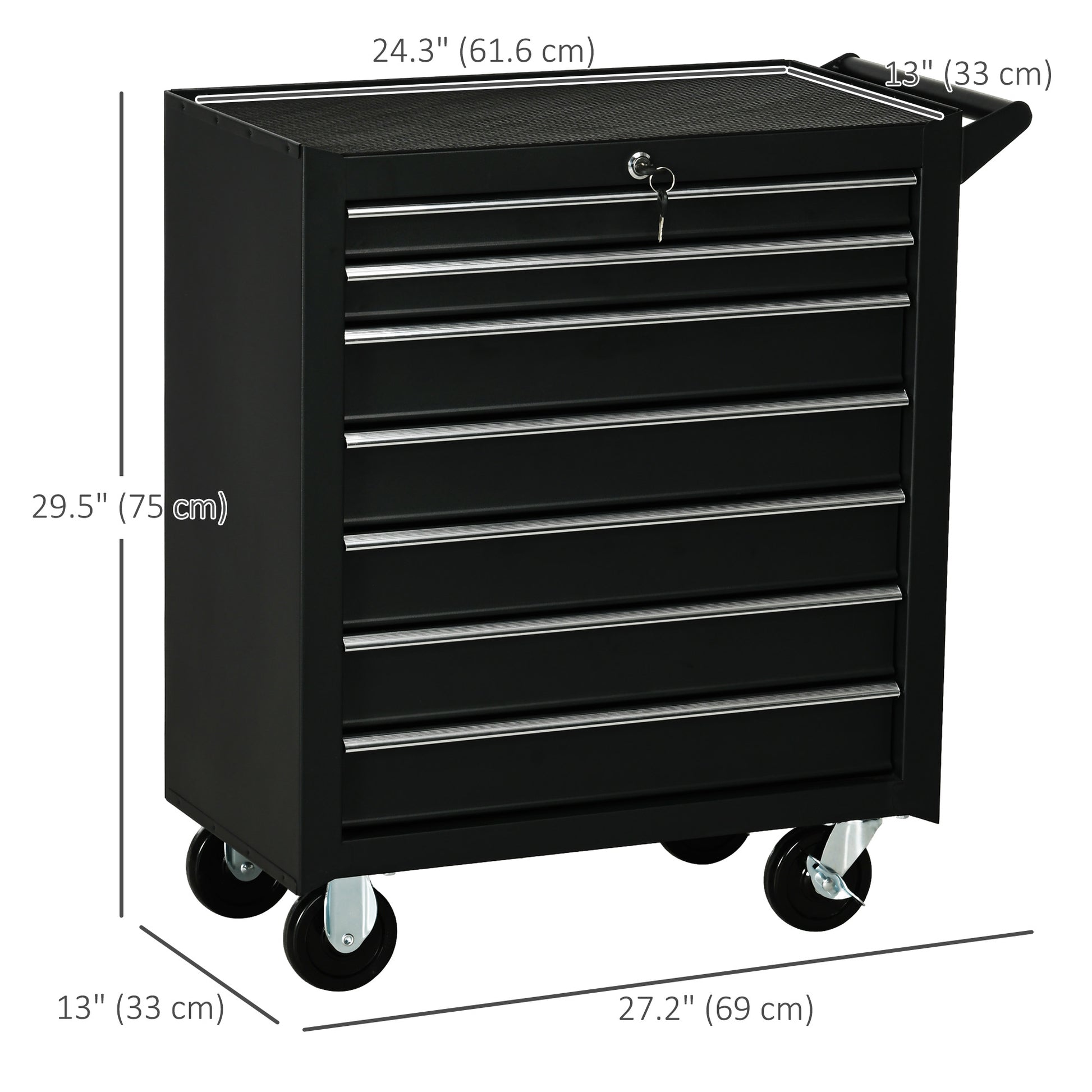 Mobile Lockable Toolbox, 7 Drawer Tool Chest, Storage Organizer with Handle for Workshop, Mechanics, Garage, Black