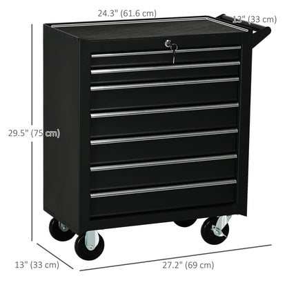 Mobile Lockable Toolbox, 7 Drawer Tool Chest, Storage Organizer with Handle for Workshop, Mechanics, Garage, Black
