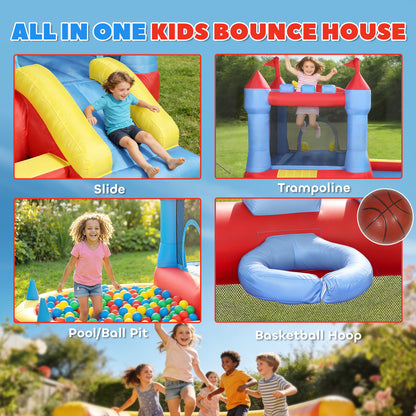 Qaba Bouncy Castle for Kids, Inflatable Bounce House with Slide, Pool/Ball Pit, Basketball Hoop and Blower for Indoor Ou