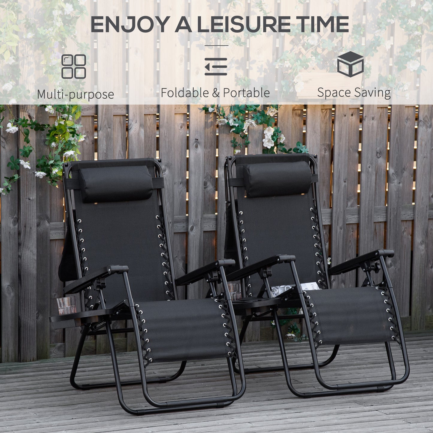 2 Piece Foldable Lounge Chair with Canopy Shade, Outdoor Zero Gravity Chair w/ Side Tray & Cup Holder, Reclining Lounger