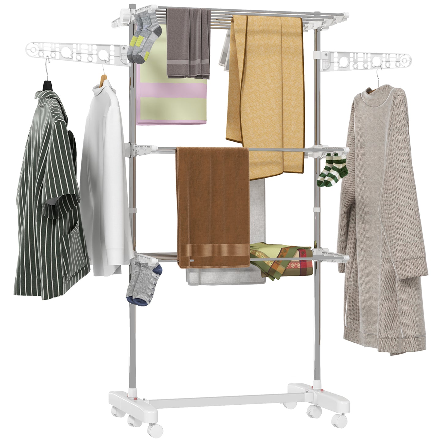 3-Tier Foldable Clothes Drying Rack, Stainless Steel Laundry Rack with 2 Side Wings and 6 Castors, Collapsible Adjustabl