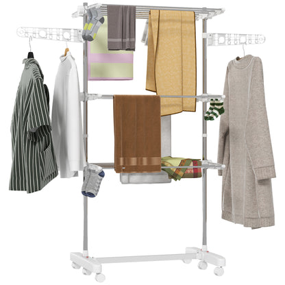 3-Tier Foldable Clothes Drying Rack, Stainless Steel Laundry Rack with 2 Side Wings and 6 Castors, Collapsible Adjustabl