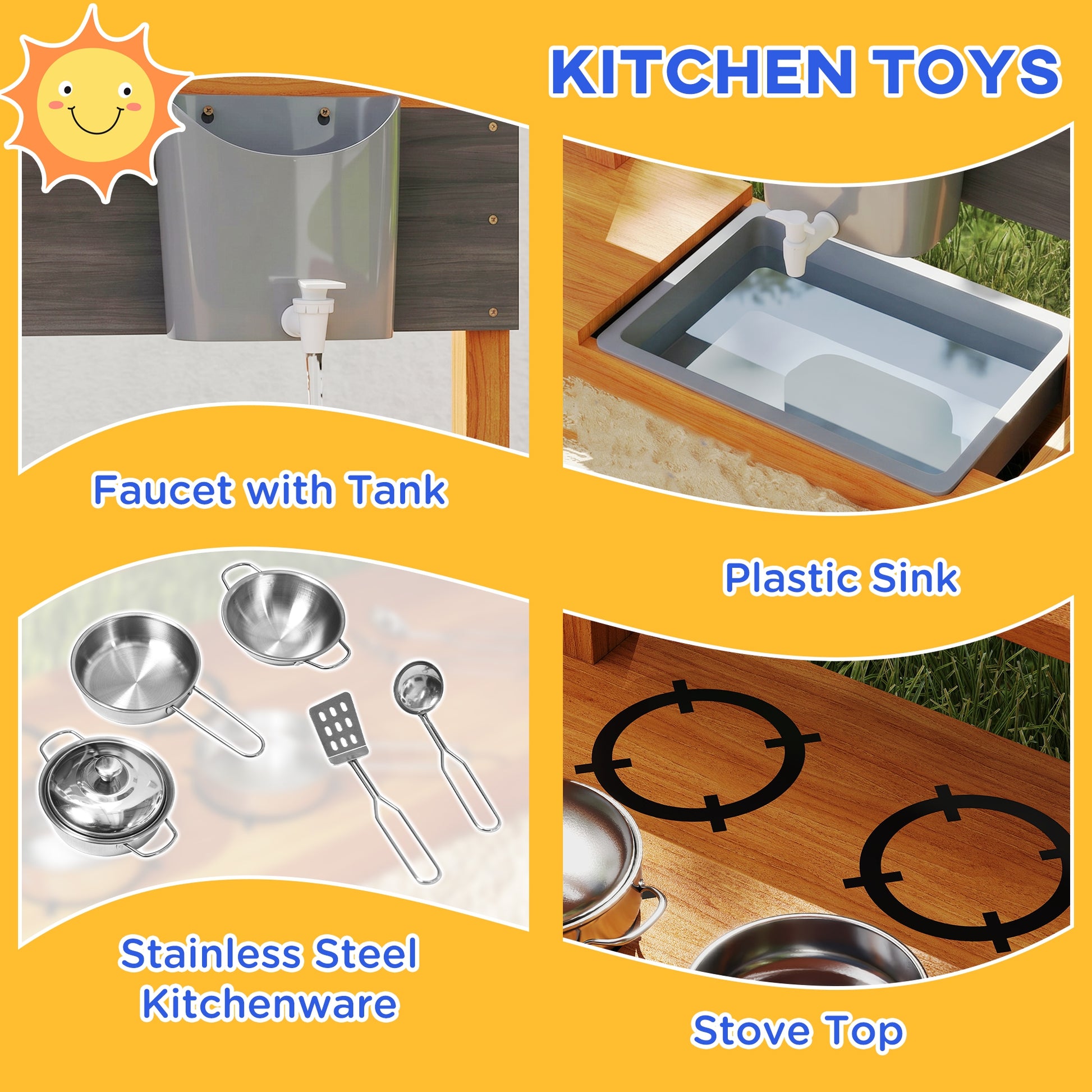 Kids Sandbox with Cover Kitchen Playset Toys, Wooden Sand Box with Seat, Storage, for 3-7 Years Old, Red