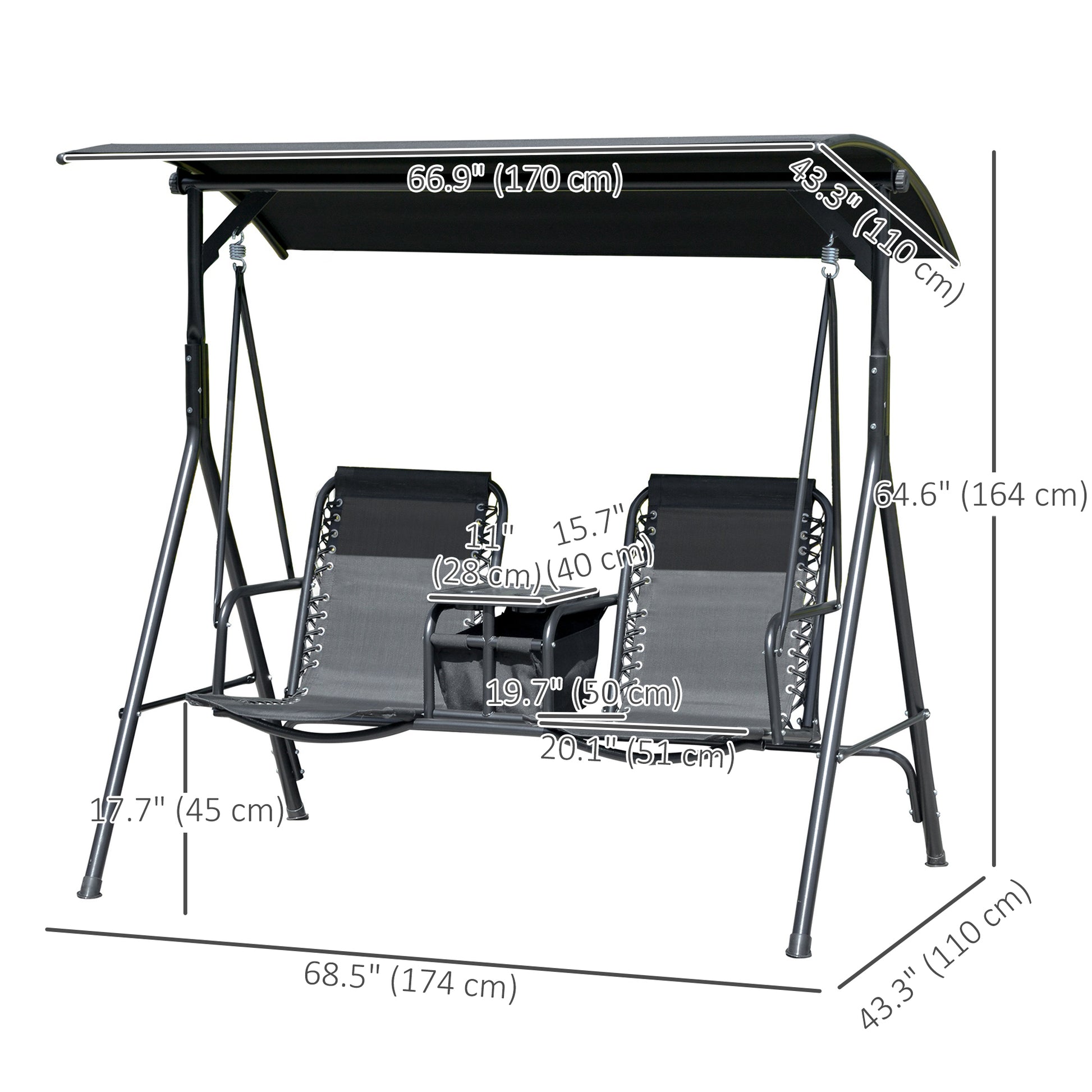2 Person Covered Porch Swing Patio Swing with Pivot Storage Table, Cup Holder, & Adjustable Overhead Canopy, Black