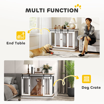 47in Dog Crate Furniture with Divider Panel, Wooden Dog Kennel TV Stand for Large Breeds, Pet House Side Table for 2 Sma