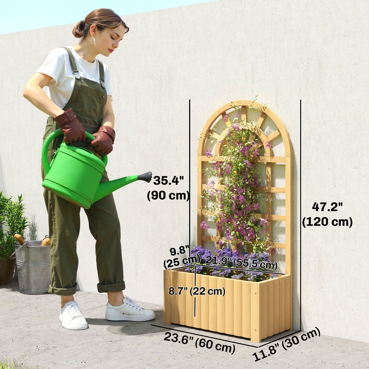 Wooden Raised Garden Bed with Lattice Trellis, Outdoor Elevated Planter Box with Drainage Holes for Climbing Plants