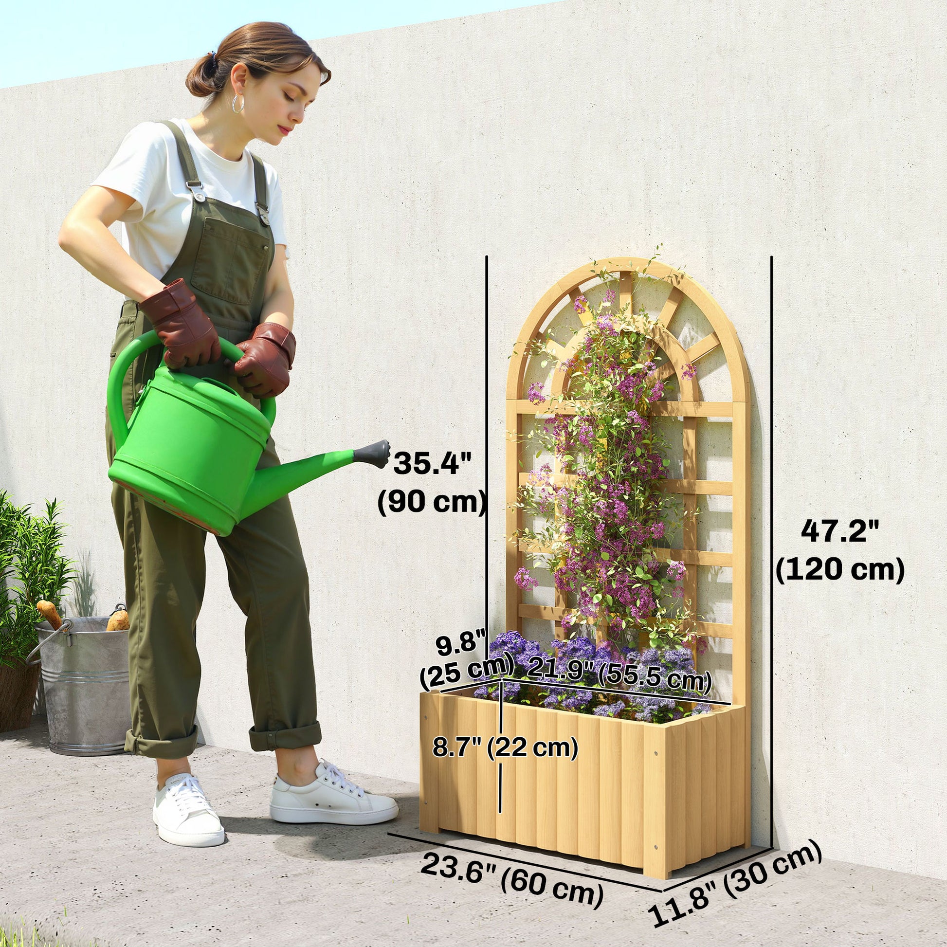 Wooden Raised Garden Bed with Lattice Trellis, Outdoor Elevated Planter Box with Drainage Holes for Climbing Plants
