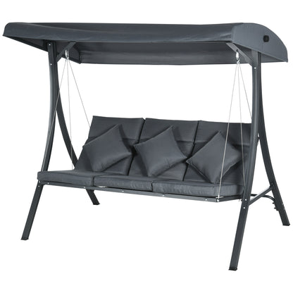 3-Person Patio Swing Chair, Outdoor Porch Swing Bench with Adjustable Canopy, Cushioned Seat, Dark Grey