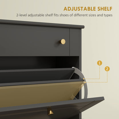 Slim Shoe Storage with 2 Flip Drawers and Adjustable Shelves Shoe Cabinet Organizer for 8 Pair, Black