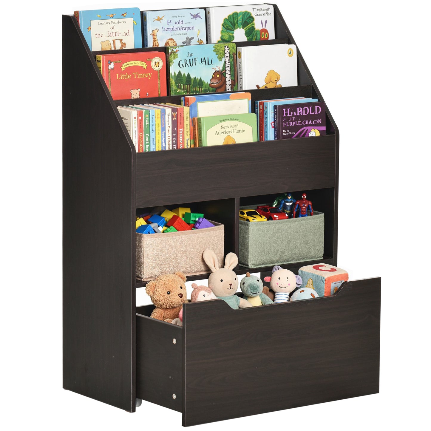 Kids Bookshelf Bookcase, Montessori-Inspired 4 Tier Large Capacity Rack Organizer with Moveable Drawer for Books for Rea