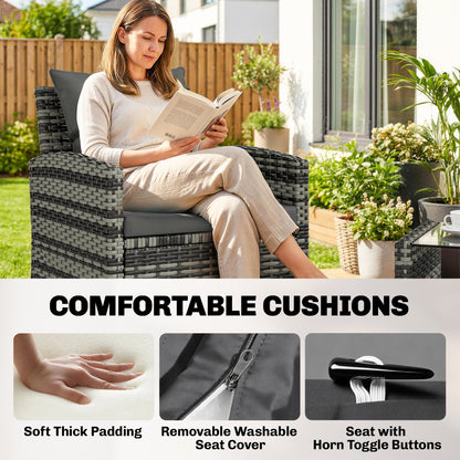 4-Piece Outdoor Wicker Patio Furniture Conversation Set, Includes Loveseat, Chairs and 2-Tier Table with Cushions, Moder
