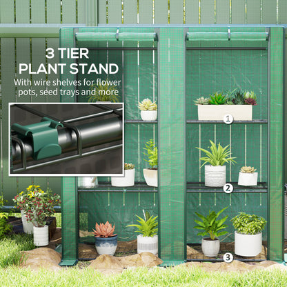 Lean-to Greenhouse with 3 Tier Shelves, Mini Greenhouse with 2 Roll-Up Doors for Indoor Outdoor, Green