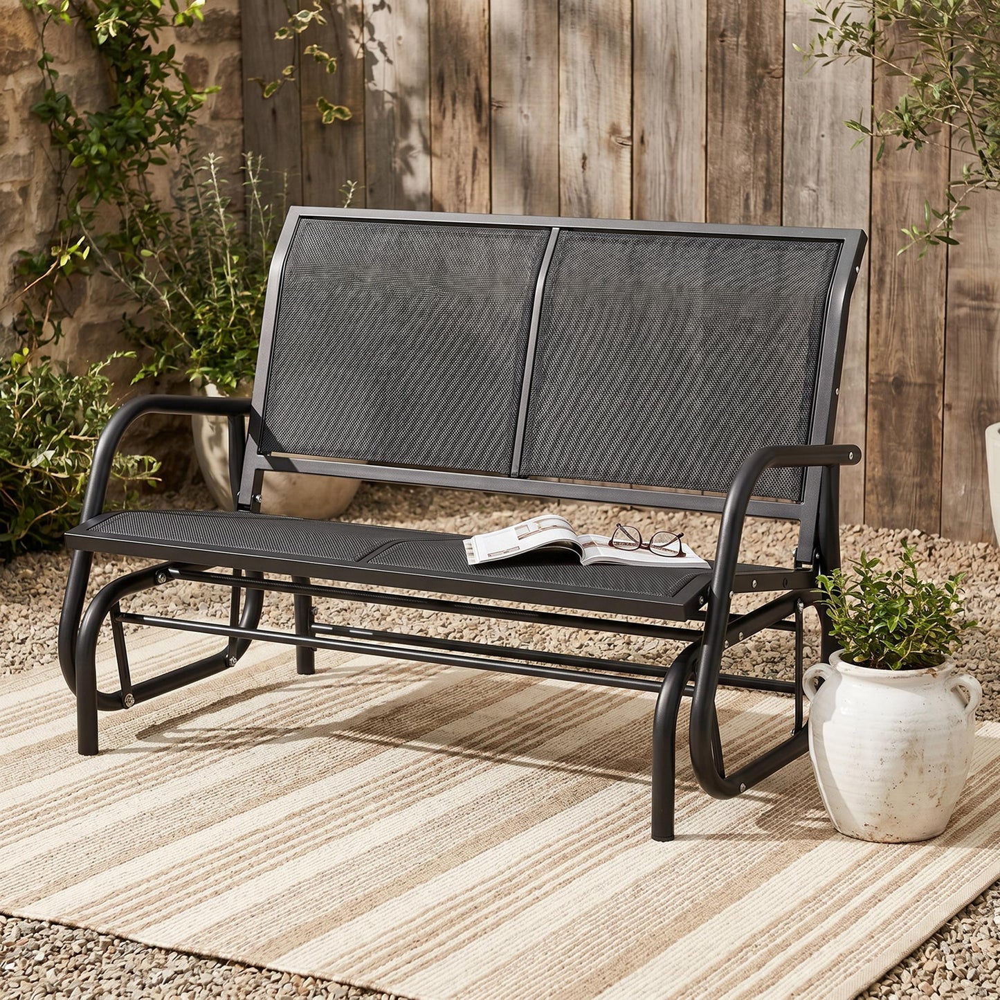 Patio Double Glider Outdoor Steel Sling Fabric Gliding Bench Garden Swing Chair Heavy-Duty Porch Rocker Garden Loveseat 