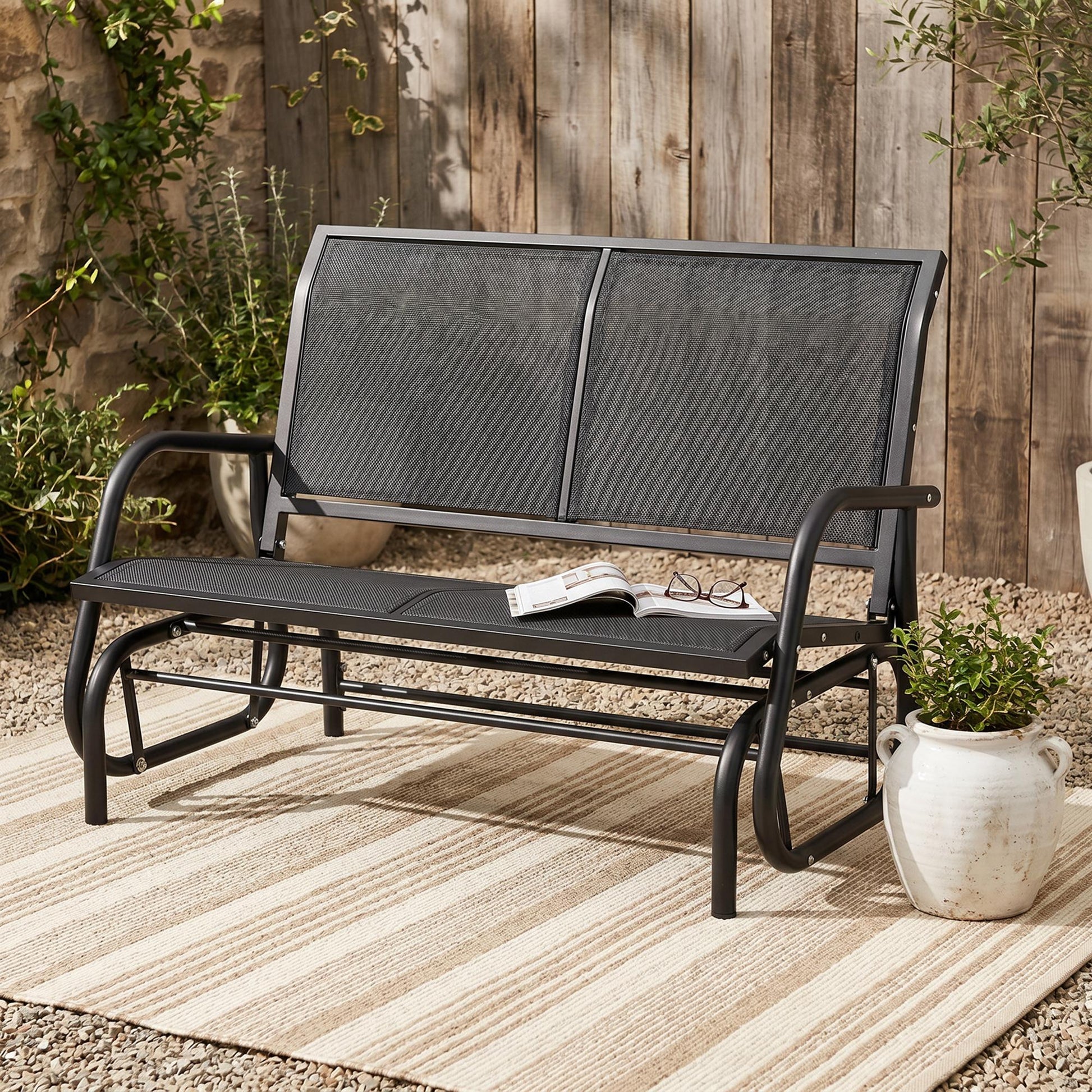 Patio Double Glider Outdoor Steel Sling Fabric Gliding Bench Garden Swing Chair Heavy-Duty Porch Rocker Garden Loveseat 