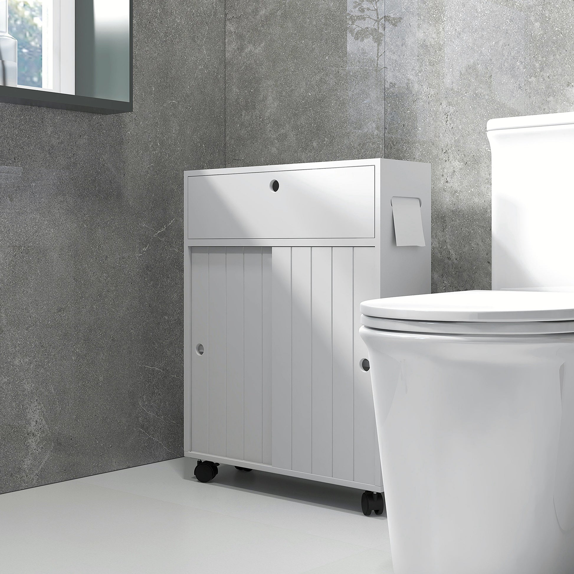 Bathroom Storage Cabinet, Bathroom Cabinet with 4 Rolling Wheels and Paper Holes, 20.5" x 6.75" x 26.5", White