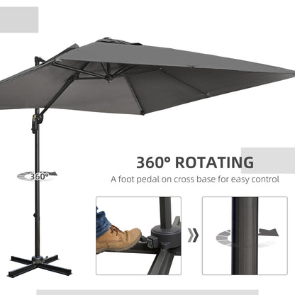 9ft Cantilever Patio Umbrella, Square Overhanging Umbrella with Cross Base, Crank Handle, Tilt, 360° Rotation and Alumin