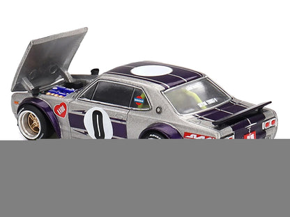 Nissan Skyline 2000GT-R (KPGC10) "Kaido Works V1" RHD (Right Hand Drive) #0 Silver Metallic with Purple Stripes (Designed by Jun Imai) "Kaido House" Special 1/64 Diecast Model Car by Mini GT