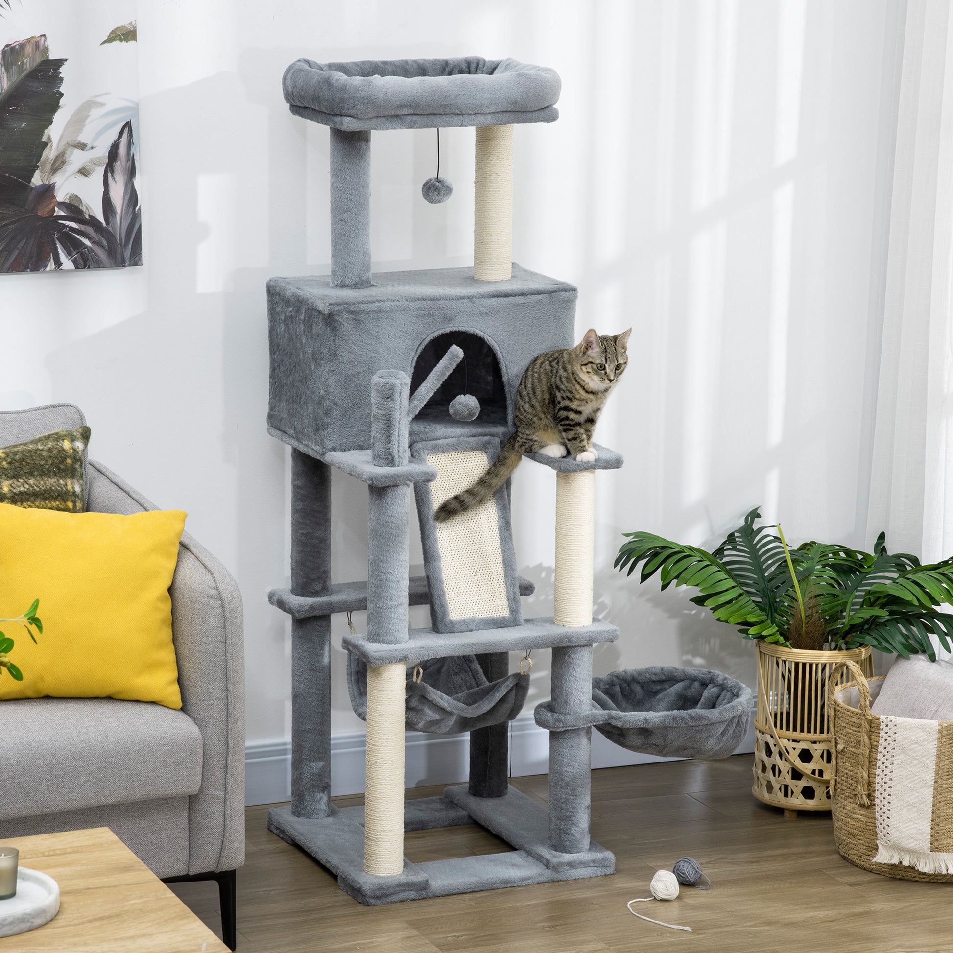 55" Cat Tree for Indoor Cats, Cat Tower, Kitty Activity Center with Cat Bed Ramp Condo Hammocks Hanging Ball Toys Sisal 