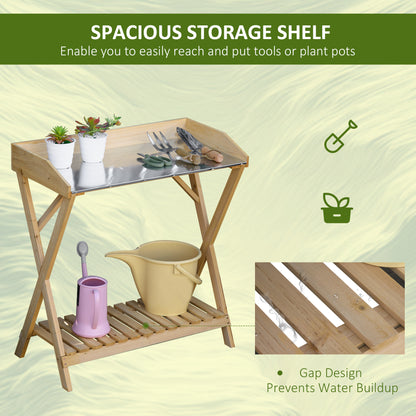 Garden Potting Bench Table, Wooden Work Station, Outdoor Planting Workbench w/ Galvanized Metal Tabletop and Storage She