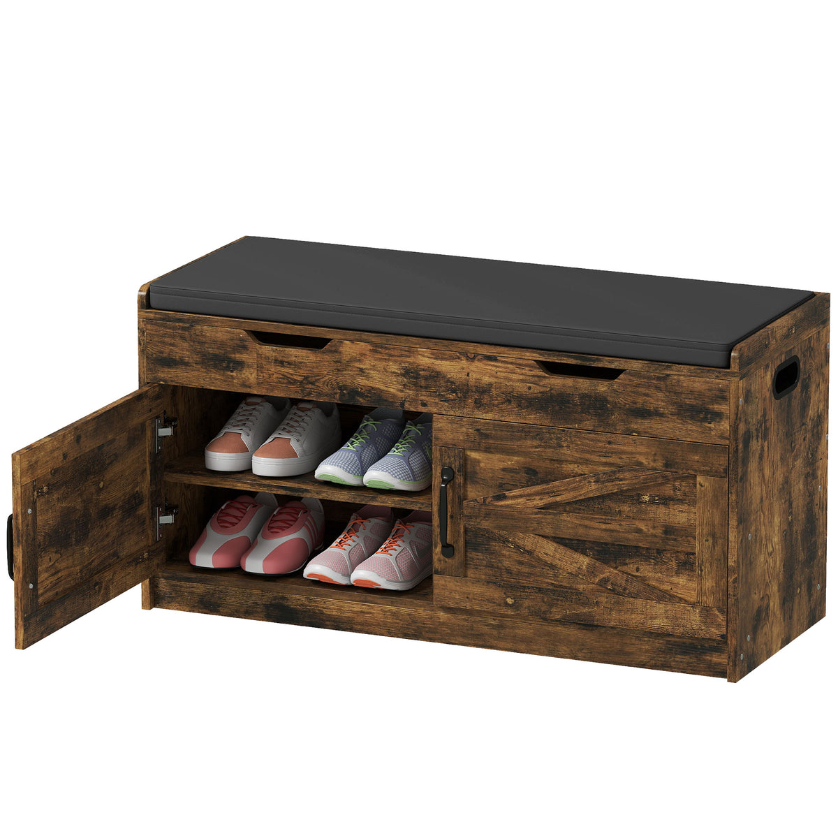 Shoe Storage Bench, Entryway Bench with 2-Tier Cabinet, Flip-Top Storage, Padded Cushion for Hallway, Rustic Brown