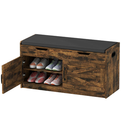 Shoe Storage Bench, Entryway Bench with 2-Tier Cabinet, Flip-Top Storage, Padded Cushion for Hallway, Rustic Brown