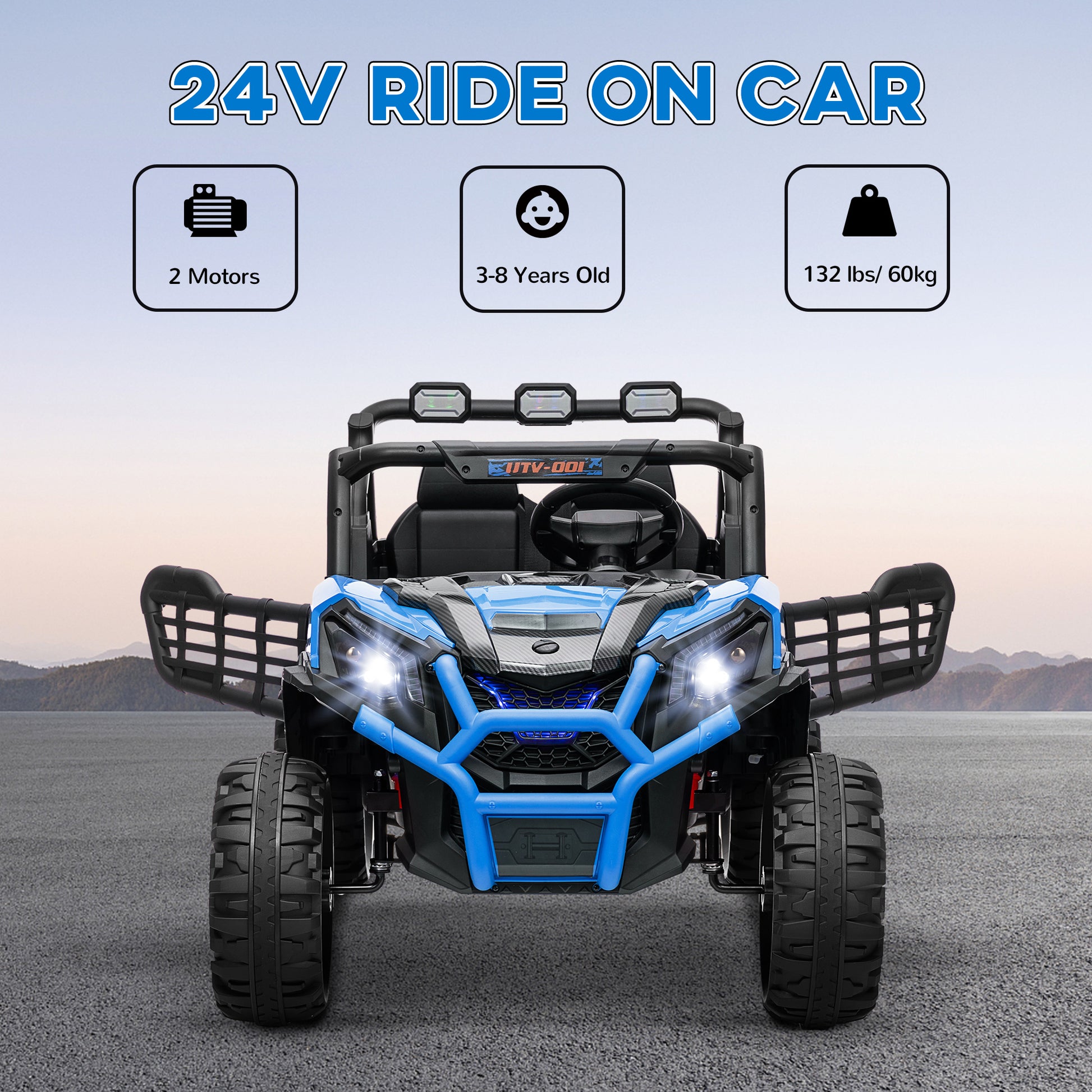 Qaba 2 Seater 24V Electric Car for Kids w/ Remote Control, 3 Speed, LED Lights, Music, Horn, Spring Suspension, Blue
