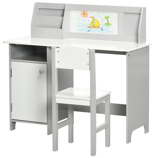 Qaba 2Pcs Kids Desk and Chair Set with Whiteboard, Storage, Shelves, Grey
