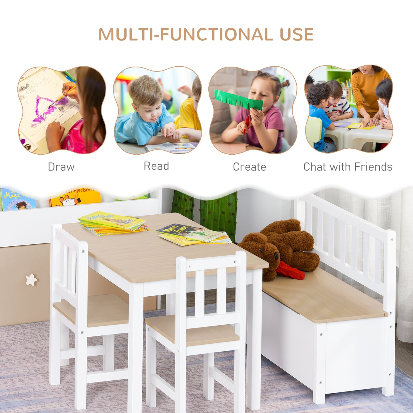Qaba 4-Piece Set Kids Wood Table Chair Bench with Storage Function Easy to Clean Gift for Girls Boys Toddlers Age 3 Year