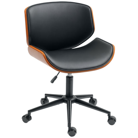 Mid-Century Modern Office Chair No Arms with Wheels, Small Computer Desk Chair with PU Leather Upholstery, Bentwood