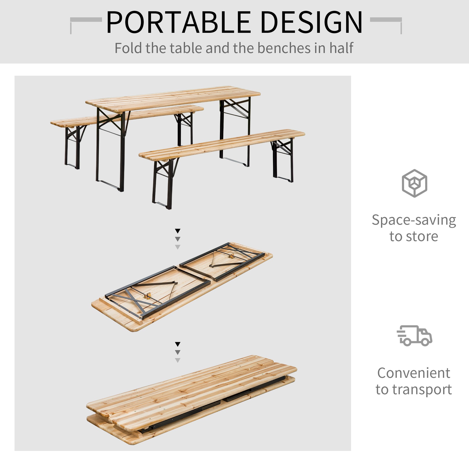 3 Pieces Folding Picnic Table Set, Portable Folding Picnic Table and Benches with Steel Frame for Garden, Park, Natural 