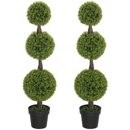 Set of 2 Artificial Ball Boxwood Topiary Trees, Fake Plants in Pots for Indoor Outdoor Decor, Green