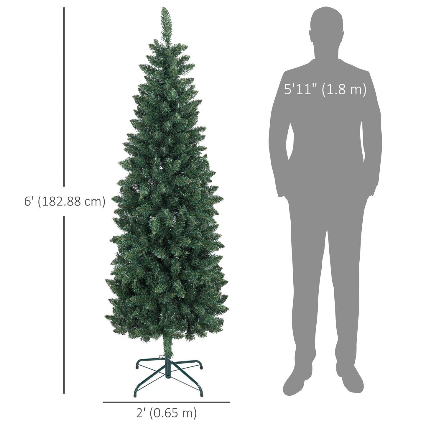 6ft Tall Pencil Artificial Christmas Tree with 479 Branch Tips with Steel Base, Green