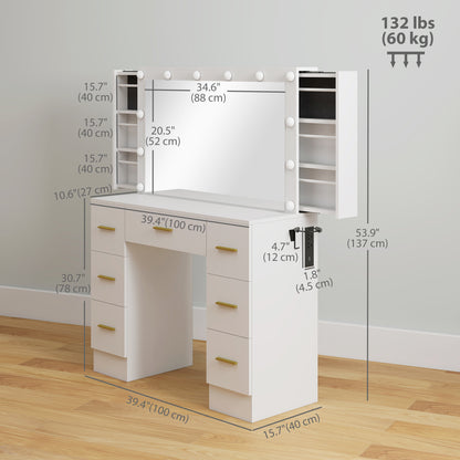 Makeup Vanity Desk with Mirror and Lights, Dressing Table with 7 Drawers, 6 Hidden Sliding Storage Compartments, White