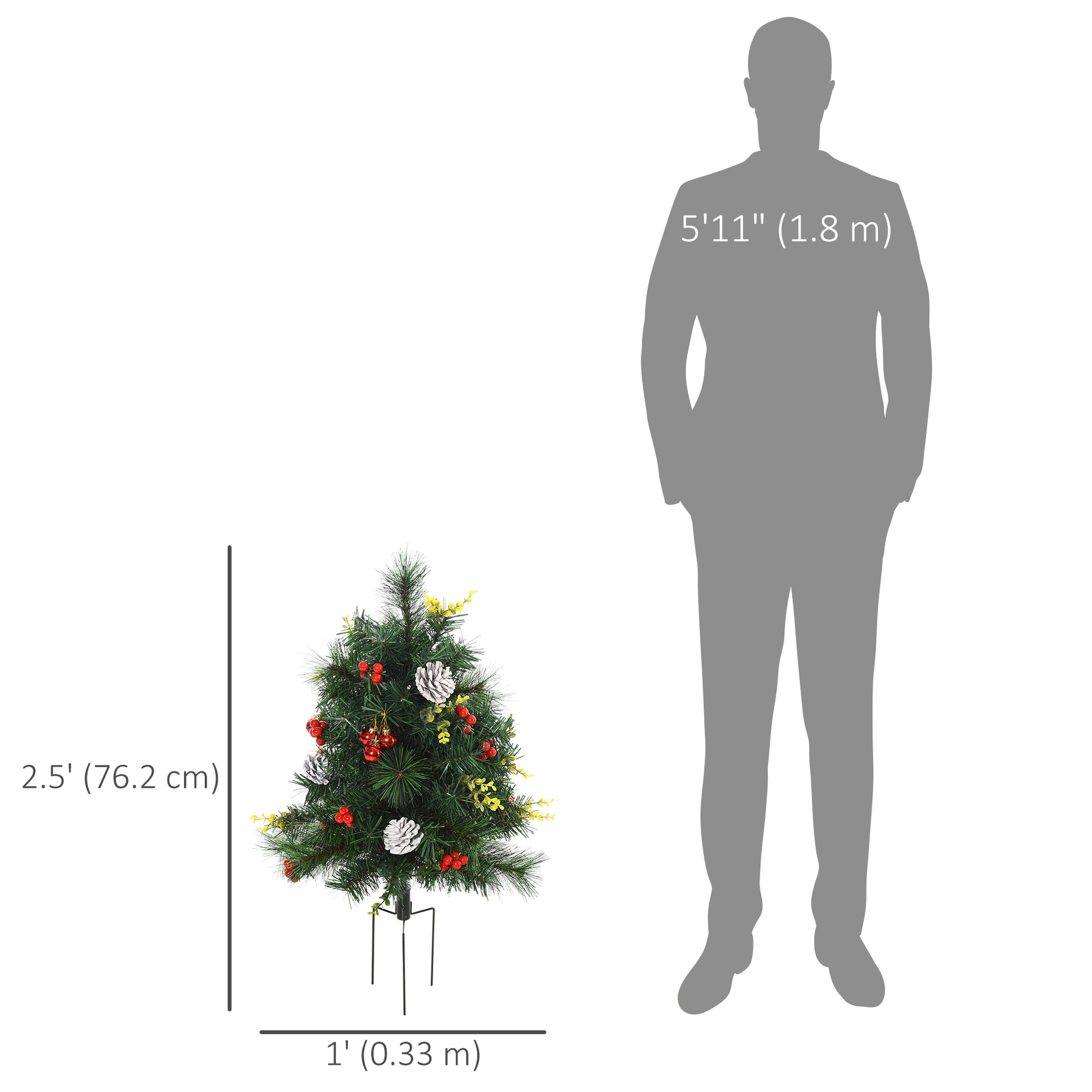 2.5ft 2 Pieces Prelit Artificial Christmas Tree with LED Light Mini Xmas Tree with Small Berry Pine Needles Pinecones De