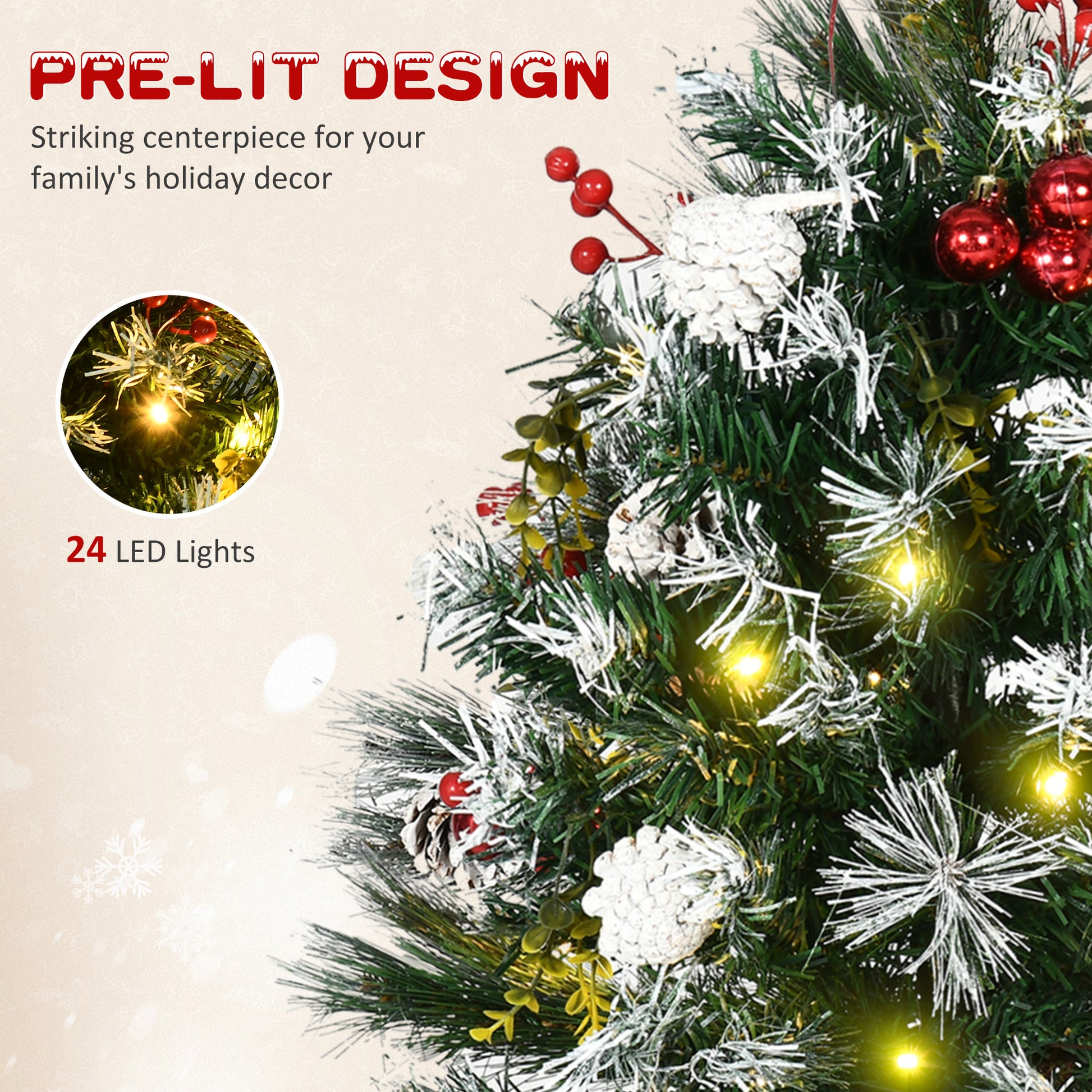 2 Foot/23 inch 2 Pack Prelit Artificial Christmas Tree Cordless with 70 Branches, Warm White LED lights, Red Berries, Pi