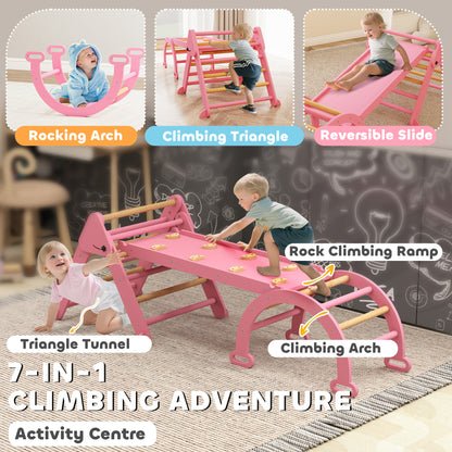 Qaba 7-in-1 Pikler Triangle Set, Foldable Wooden Climbing Toys with Arch, Ramp and Ladder for Toddlers 1-4 Years, Pink