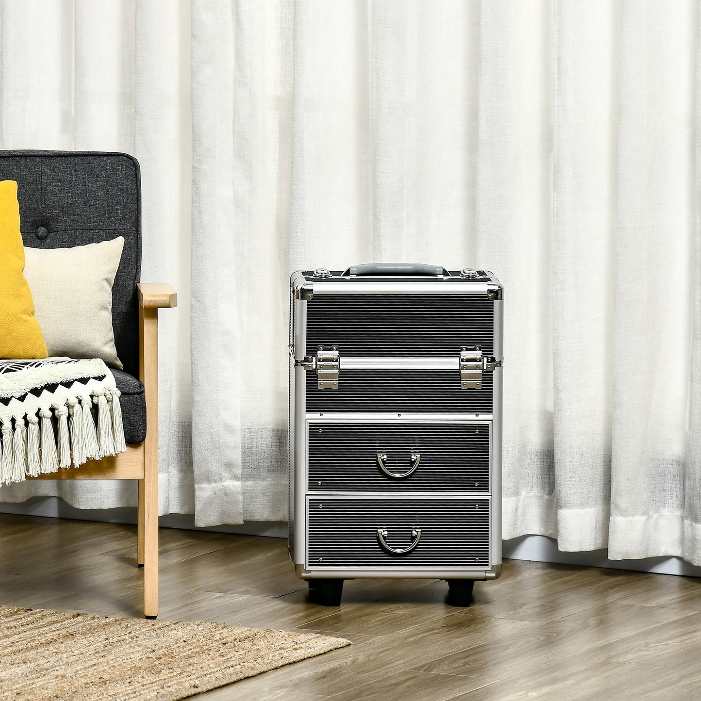 Aluminum Rolling Makeup Train Case, Portable Professional Cosmetic Makeup Case, Lockable Traveling Cart Trunk with Foldi