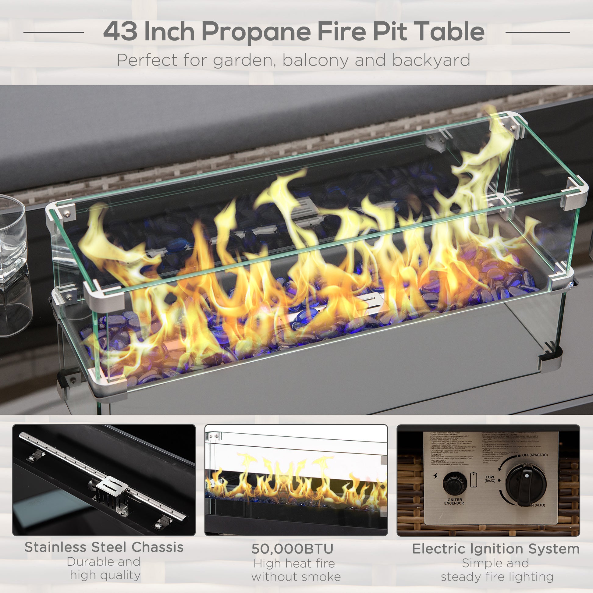 Outdoor Propane Gas Fire Pit Table, 50,000 BTU Electric Ignition Gas Firepit with Glass Cover, Black Glass Tabletop and 