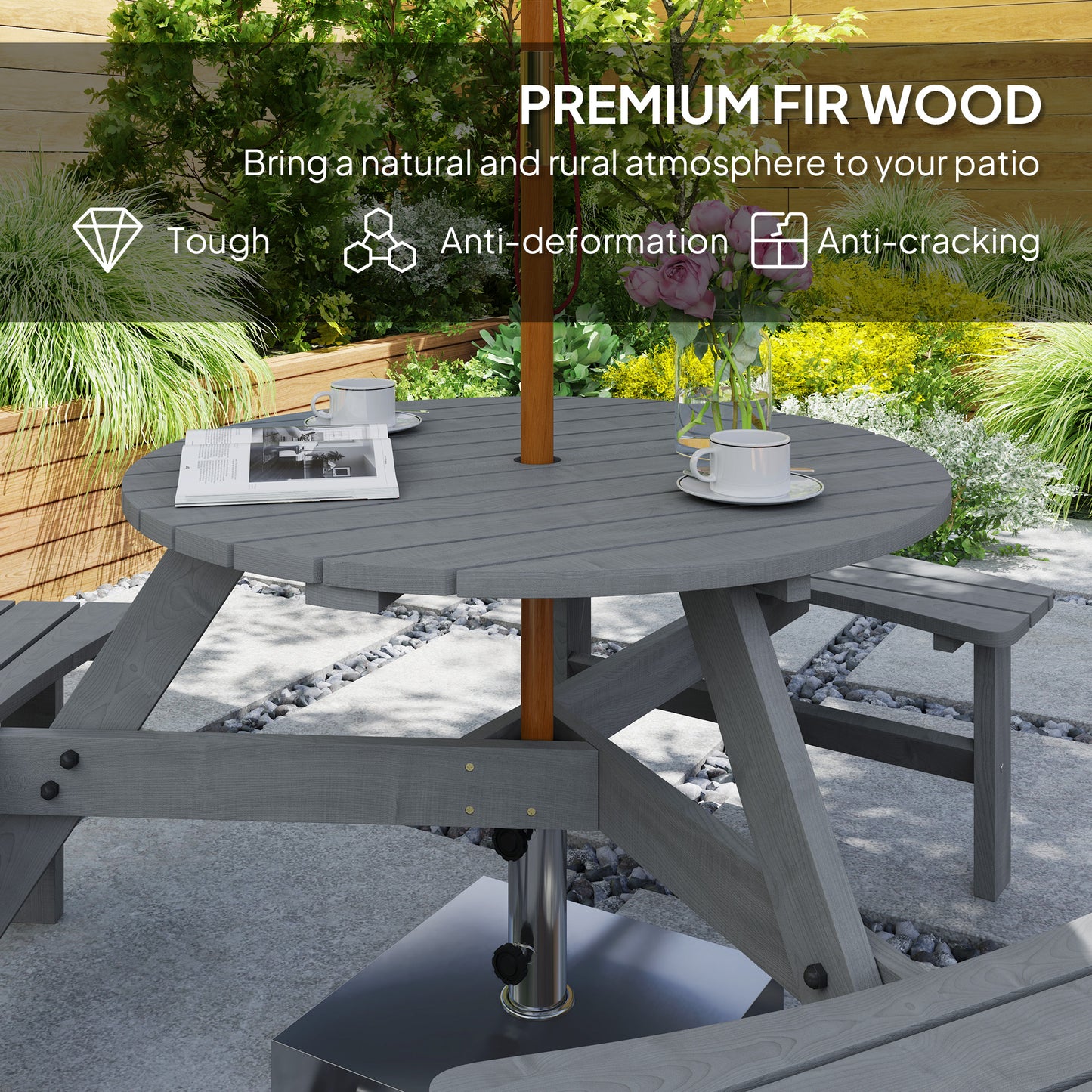 6 Person Round Picnic Table Bench Set with Umbrella Hole, Wood Patio Table with 3 Built-in Benches for Garden, Deck, Bac
