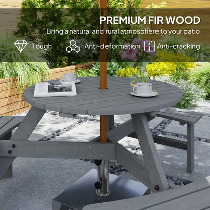 6 Person Round Picnic Table Bench Set with Umbrella Hole, Wood Patio Table with 3 Built-in Benches for Garden, Deck, Bac