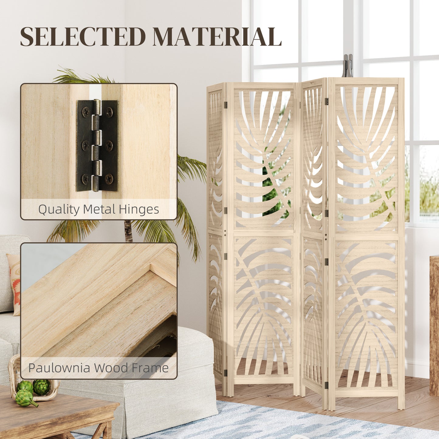 4 Panel Room Divider, Detachable Folding Privacy Screens with Palm Leaf Design for Home Office, Natural Wood Finish